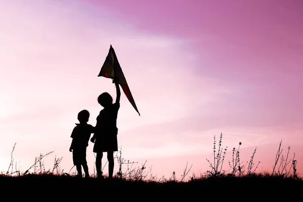 Bambini felici che giocano sulla silhouette estiva della natura — Foto Stock