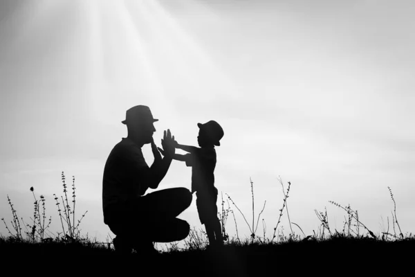 Gelukkig ouder met kinderen spelen op de natuur zomer silhouet — Stockfoto