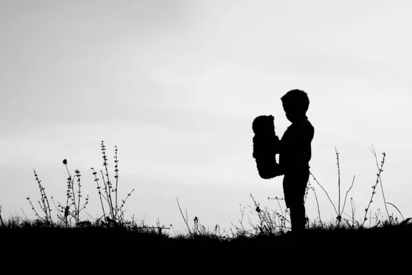 Anak-anak bahagia bermain pada siluet musim panas alam — Stok Foto