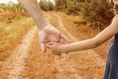 Bir parkta doğada bir ebeveyn ve çocuğun şık elleri geri