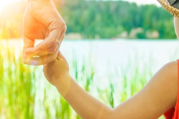 Händerna på en förälder och barn i naturen i en park vid havet — Stockfoto