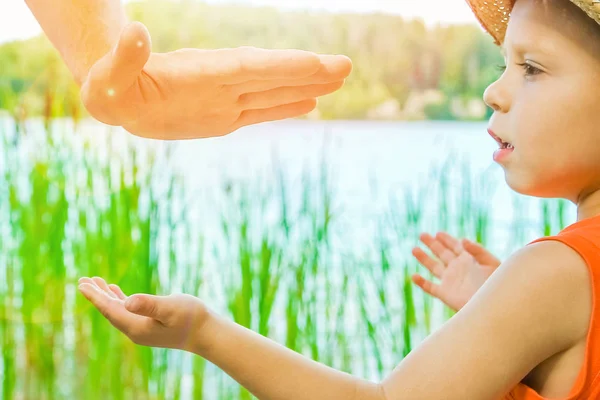 Mâinile unui părinte și ale unui copil în natură într-un parc lângă mare — Fotografie, imagine de stoc