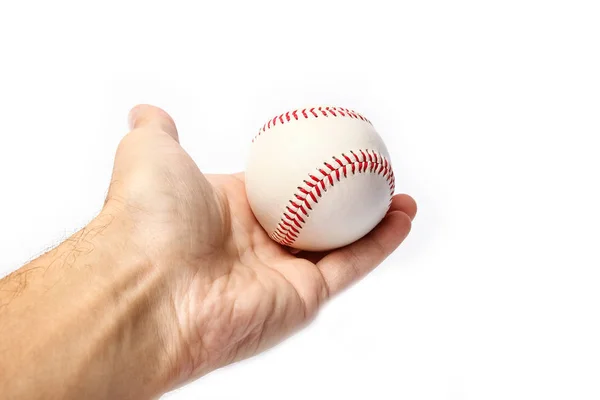 Mooi in de handen van een honkbal op een witte achtergrond myach — Stockfoto