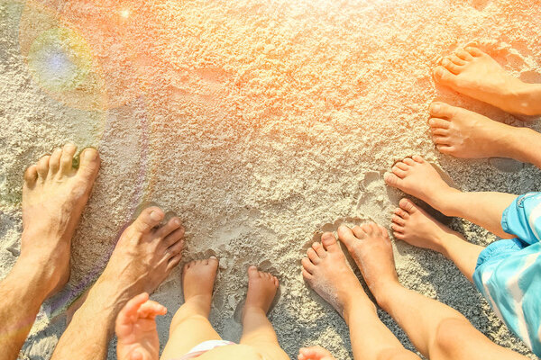 beautiful family legs on the sand by the sea