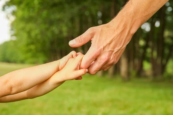 Τα χέρια ενός ευτυχιού γονέα και παιδιού στη φύση — Φωτογραφία Αρχείου