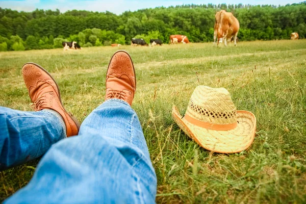 Hermosas manos de las piernas de un vaquero en el parque en la naturaleza — Foto de Stock