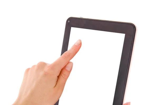 V lidských rukou tablet počítač dotykový displej s izolovaným — Stock fotografie