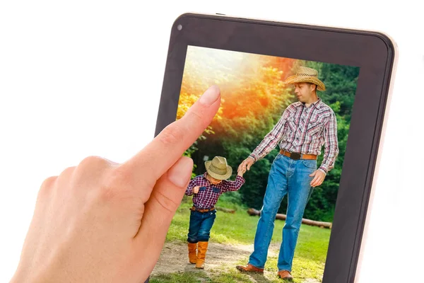 In human hands tablet computer touch-screen gadget with isolated — Stock Photo, Image