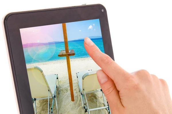 In human hands tablet computer touch-screen gadget with isolated — Stock Photo, Image