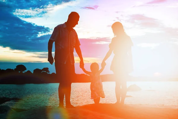 Счастливая семья у моря на фоне силуэта природы — стоковое фото