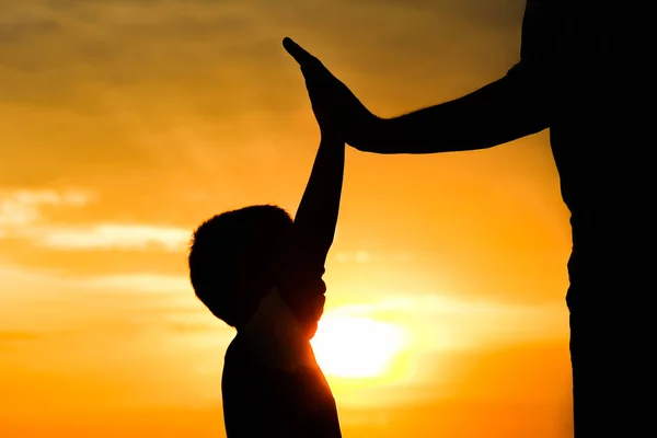 Happy dad with a child in the park outdoors silhouette — Stock Photo, Image