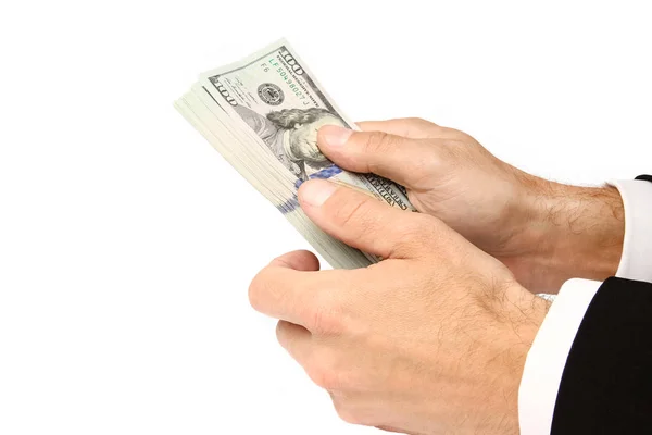 Business Money dollar i händerna på en vit bakgrund — Stockfoto