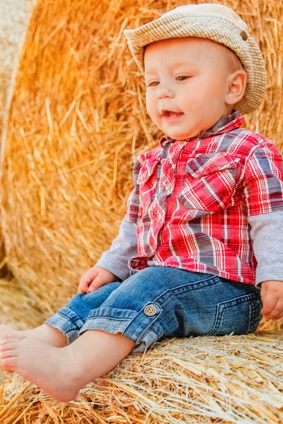 Menina Palheiro Feliz Campo Fundo Com Crianças Uma Infância Alegre — Fotografia de Stock