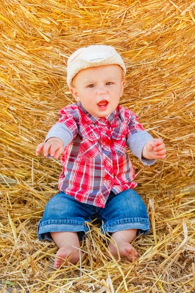 Baby Mädchen Auf Einem Heuhaufen Glücklich Auf Dem Feld Hintergrund — Stockfoto
