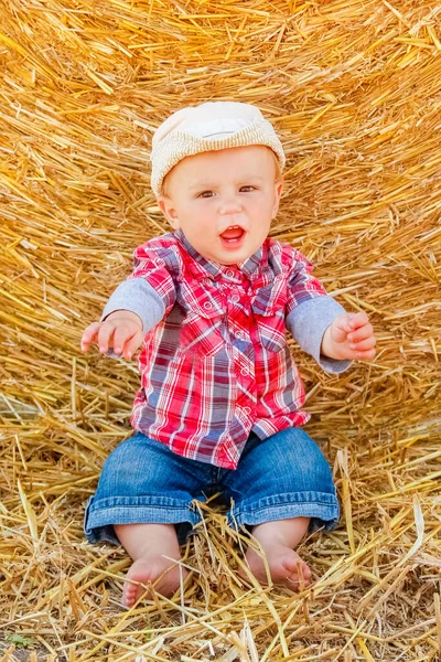 Menina Palheiro Feliz Campo Fundo Com Crianças Uma Infância Alegre — Fotografia de Stock