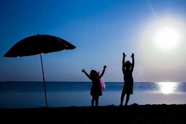 Feliz Pelo Mar Jogar Natureza Silhueta Viagem — Fotografia de Stock