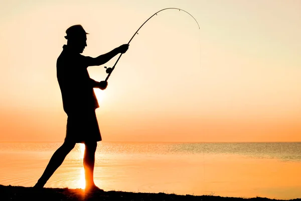 Happy Guy Fisherman Catching Fish Sea Nature Silhouette Travel — Stock Photo, Image