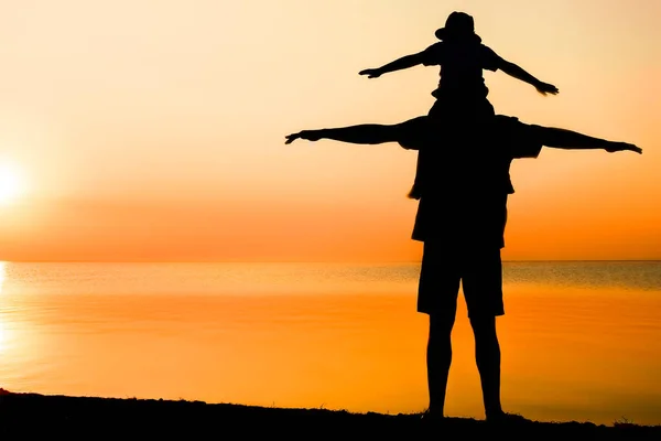 Happy parent with child by the sea play on nature silhouette travel