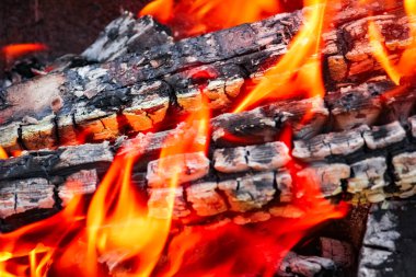 Kömürlü ateş ve doğa pikniğinde ateş. Sokaklarda yemek için şenlik ateşi yakıyor.