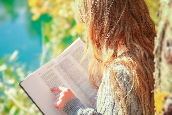 Happy Child Reading Book Nature Education Park Travel — Stock Photo, Image