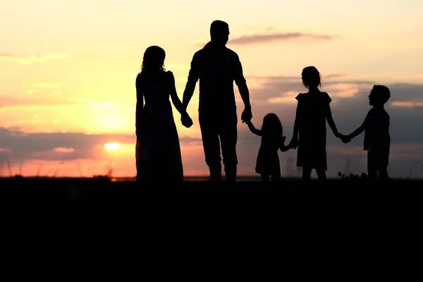 Glückliche Familiensilhouette Auf See Mit Spiegelung Park Der Natur — Stockfoto