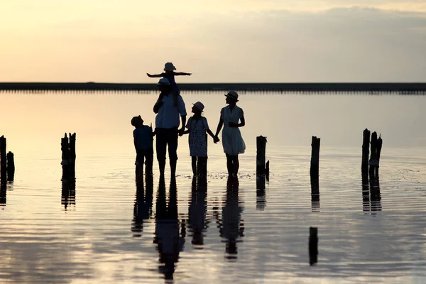 海での幸せな家族のシルエットと自然公園での反射 — ストック写真