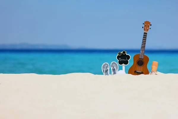 Ukulele Kumsala Yakın Bir Yerde Deniz Kenarında — Stok fotoğraf