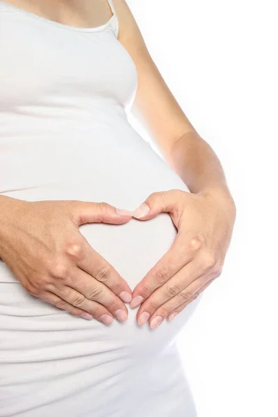 Gelukkig Zwanger Meisje Ligt Wit Achtergrond — Stockfoto