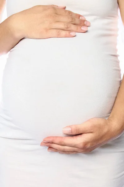 Happy Pregnant Girl Lies White Background — Stock Photo, Image