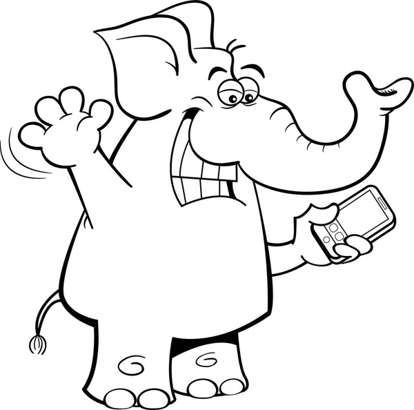 Black White Illustration Elephant Holding Cell Phone — Stock Vector