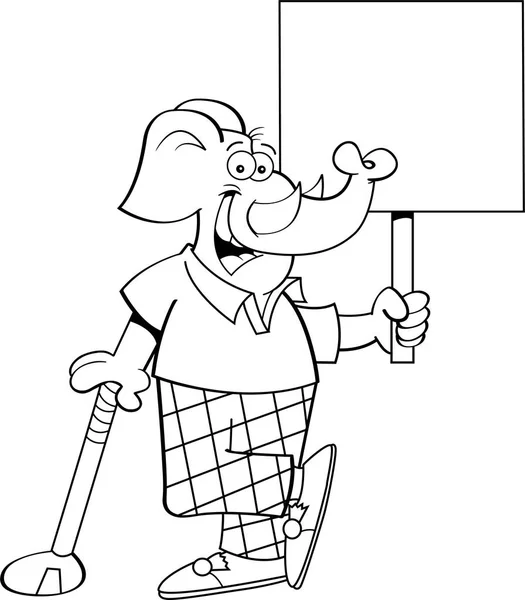Черно Белая Иллюстрация Слона Гольфиста Опирающегося Клюшку Гольфа Держащего Табличку — стоковый вектор