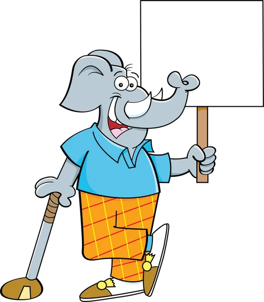 Cartoon Illustration Elephant Golfer Leaning Golf Club While Holding Sign — Stock Vector