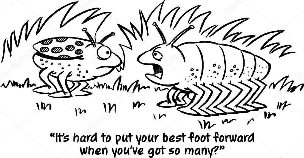 Black and white illustration of two bugs talking with the caption 