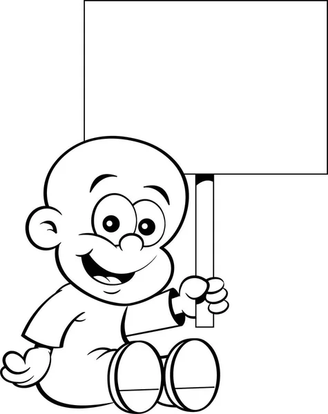 Schwarz Weiße Illustration Eines Lächelnden Babys Mit Einem Schild — Stockvektor