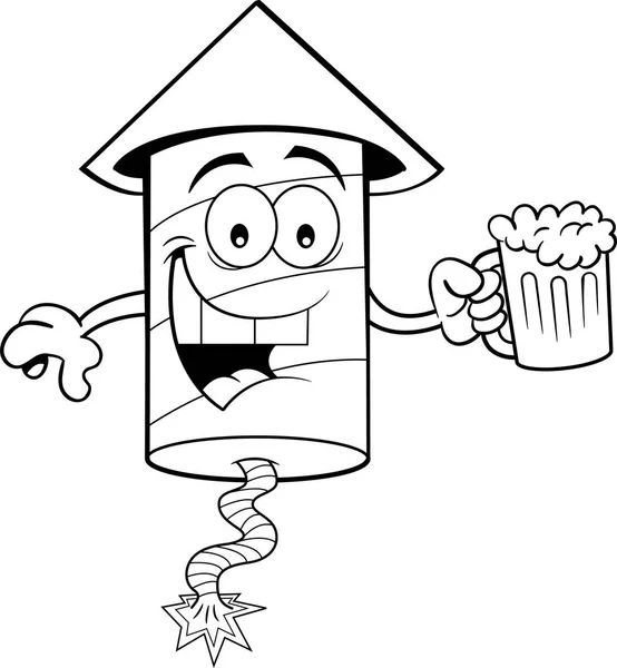 Ilustración Blanco Negro Petardo Sonriente Sosteniendo Una Cerveza — Vector de stock