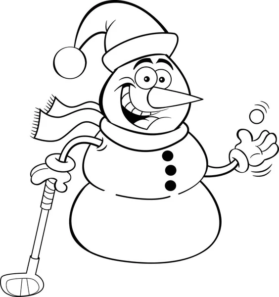Ασπρόμαυρη Εικονογράφηση Χιονάνθρωπος Κρατώντας Ένα Γκολφ Κλαμπ — Διανυσματικό Αρχείο