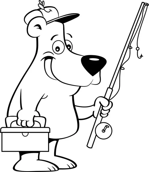 Black White Illustration Bear Holding Fishing Rod — Stock Vector
