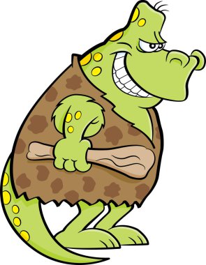 Bir mağara adamı gibi giyinmiş bir dinozor karikatür çizimi.