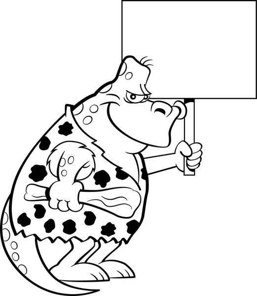 Svartvit Illustration Dinosaurie Klädd Som Grottman Och Skylt — Stock vektor