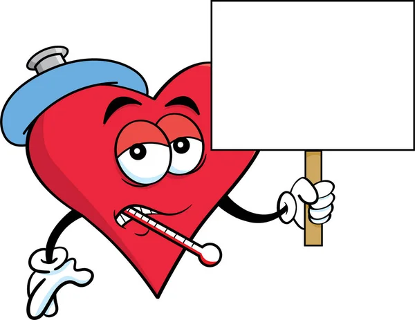 Cartoon Illustration Sick Heart Thermometer Holding Sign — Stock Vector