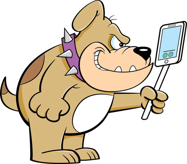 Dibujos Animados Ilustración Bulldog Enojado Sosteniendo Teléfono Celular — Vector de stock