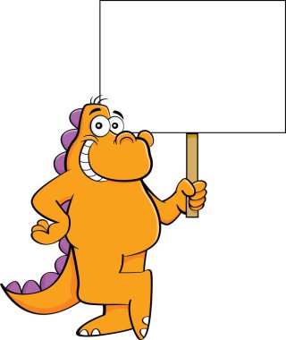 Gülümseyen bir dinozor bir işaret tutan karikatür çizimi.
