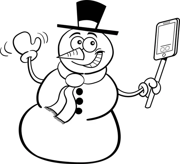 Czarno Biały Ilustracja Uśmiechający Się Snowman Trzyma Telefon Komórkowy — Wektor stockowy