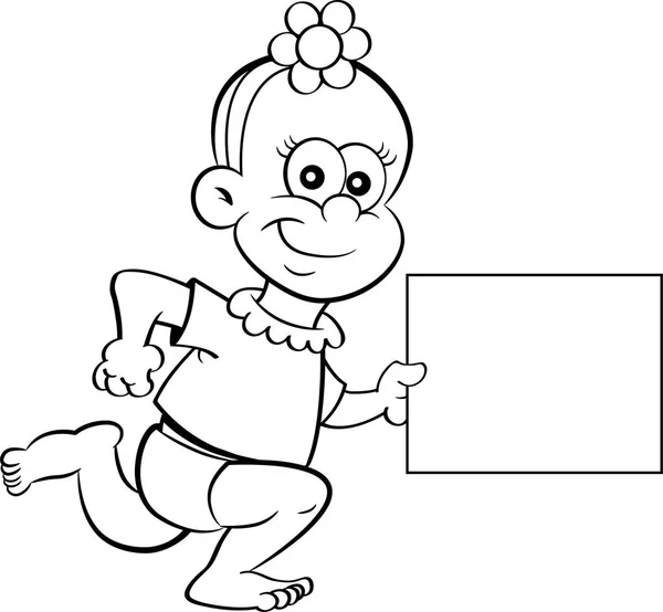 Schwarz Weiß Illustration Eines Kleinen Mädchens Das Mit Einem Schild — Stockvektor