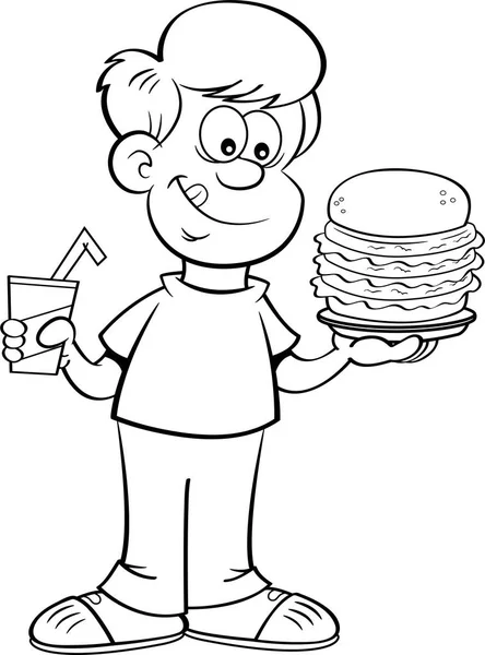 Black White Illustration Boy Holding Drink Large Hamburger — Stock Vector