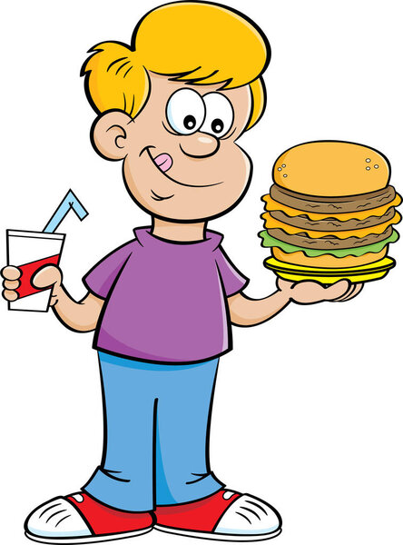 Cartoon illustration of a boy holding a drink and a large hamburger.