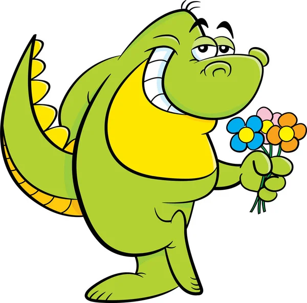 Cartoon Illustration Eines Dinosauriers Mit Blumen — Stockvektor