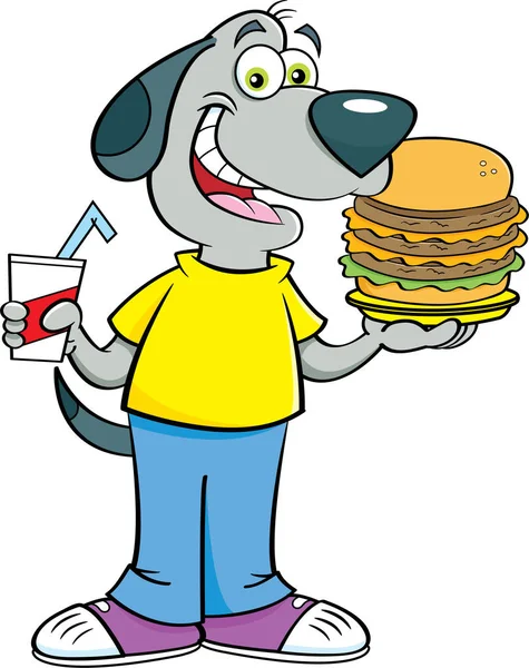 Illustrazione Del Cartone Animato Cane Che Tiene Hamburger Drink — Vettoriale Stock