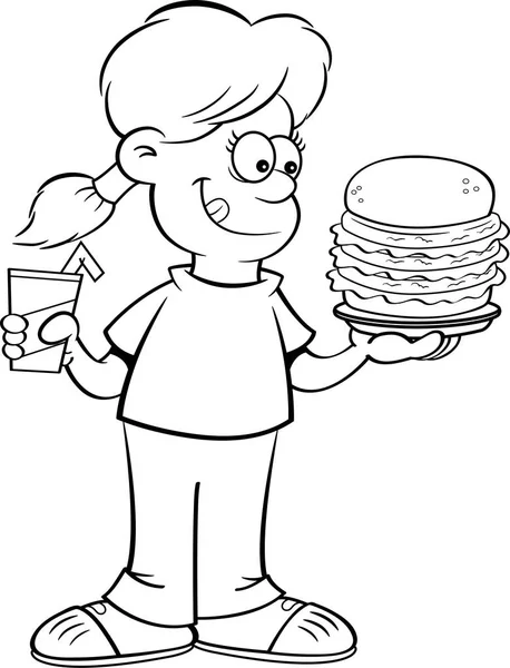 Illustration Noir Blanc Une Fille Tenant Grand Hamburger Une Boisson — Image vectorielle