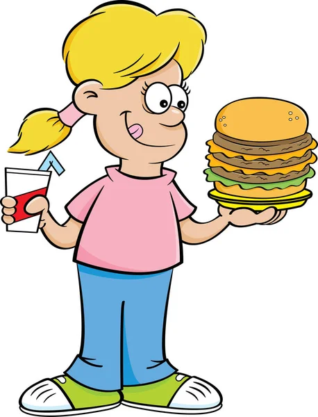 Cartoon Illustration Girl Holding Large Hamburger Drink — Stock Vector